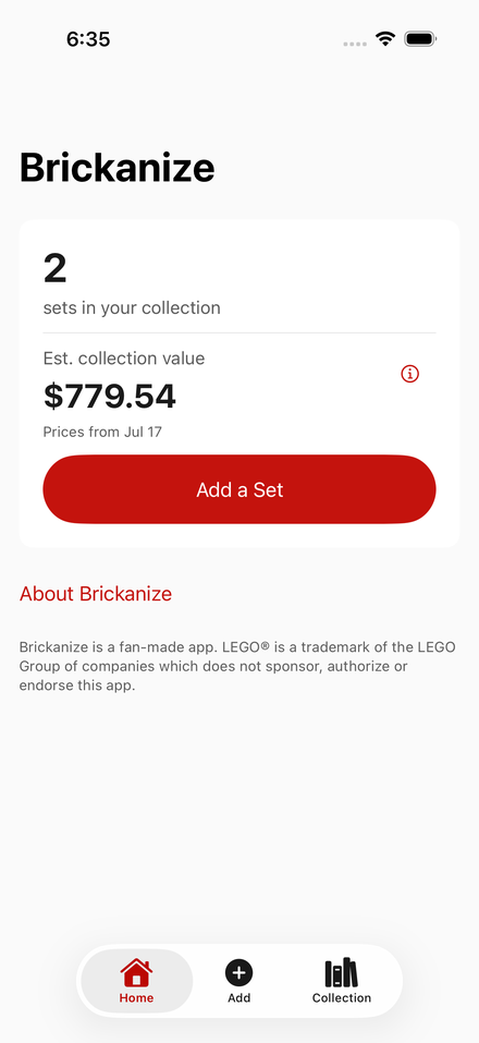 Brickanize home screen showing set count and estimated collection value