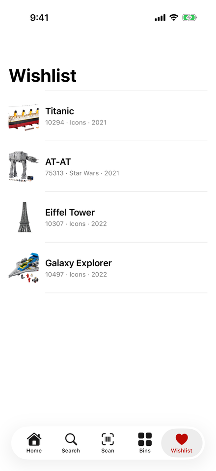 Brickanize wishlist showing tracked LEGO sets with set number, theme, and year